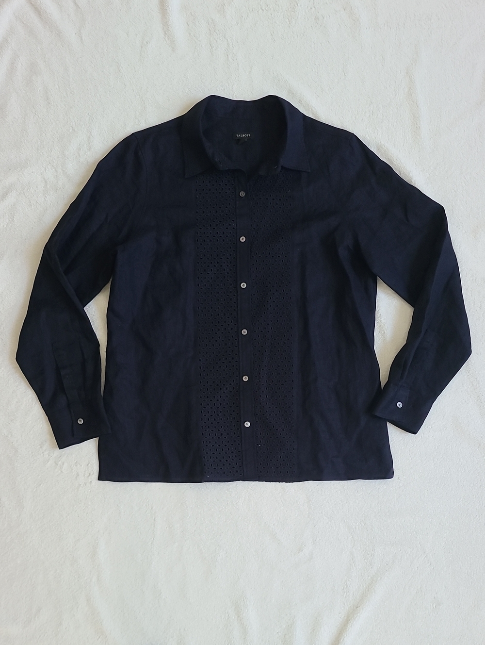 Talbots 100% Linen Navy Eyelet-Detail Button Front Shirt Medium Coastal Grandma